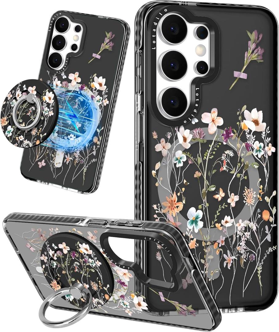 Lotadilo Cute Case for Samsung Galaxy S26 Ultra for Women Girls - Funny Dried Flower Design Compatible with Magsafe Magnetic Ring Holder Kickstand Fashion TPU Phone Covers