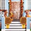 2 Pack Artificial Fall Flower Topiary Ball with Ground Spikes, UV Resistant Orange Boxwood Outdoor Faux Shrubs Plants for Fall Autumn Thanksgiving Halloween Decor, Garden Porch Yard Patio