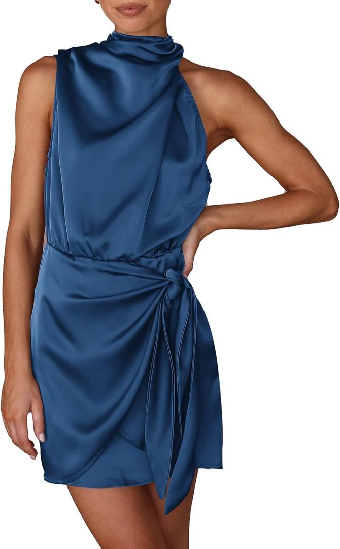 PRETTYGARDEN Women's Short Formal Satin Dress Summer Sleeveless Mock Neck Tie Waist Cocktail Party Dresses (Dark Blue), S PRETTYGARDEN Women's Short Formal Satin Dress Summer Sleeveless Mock Neck Tie Waist Cocktail Party Dresses (Dark Blue), S