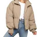 Women’s Winter Cropped Puffer Jacket Coat Casual Quilted Baggy Long Sleeve Zip Down Jackets Outerwear (US, Alpha, XX-Large, Regular, Regular, Khaki)