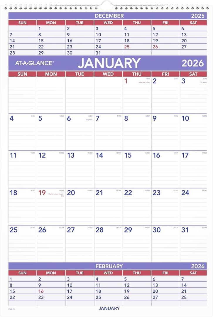 AT-A-GLANCE 2026 Wall Calendar, 15-1/2" x 22-3/4", Large, 3-Month Reference (PM62826), 15.5"w X 22.75"h