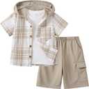 Boys Clothes Shorts Sets Plaid Short Sleeve Hooded Button Shirt and Jogger Shorts for Kids Summer Outfits 7-8Y