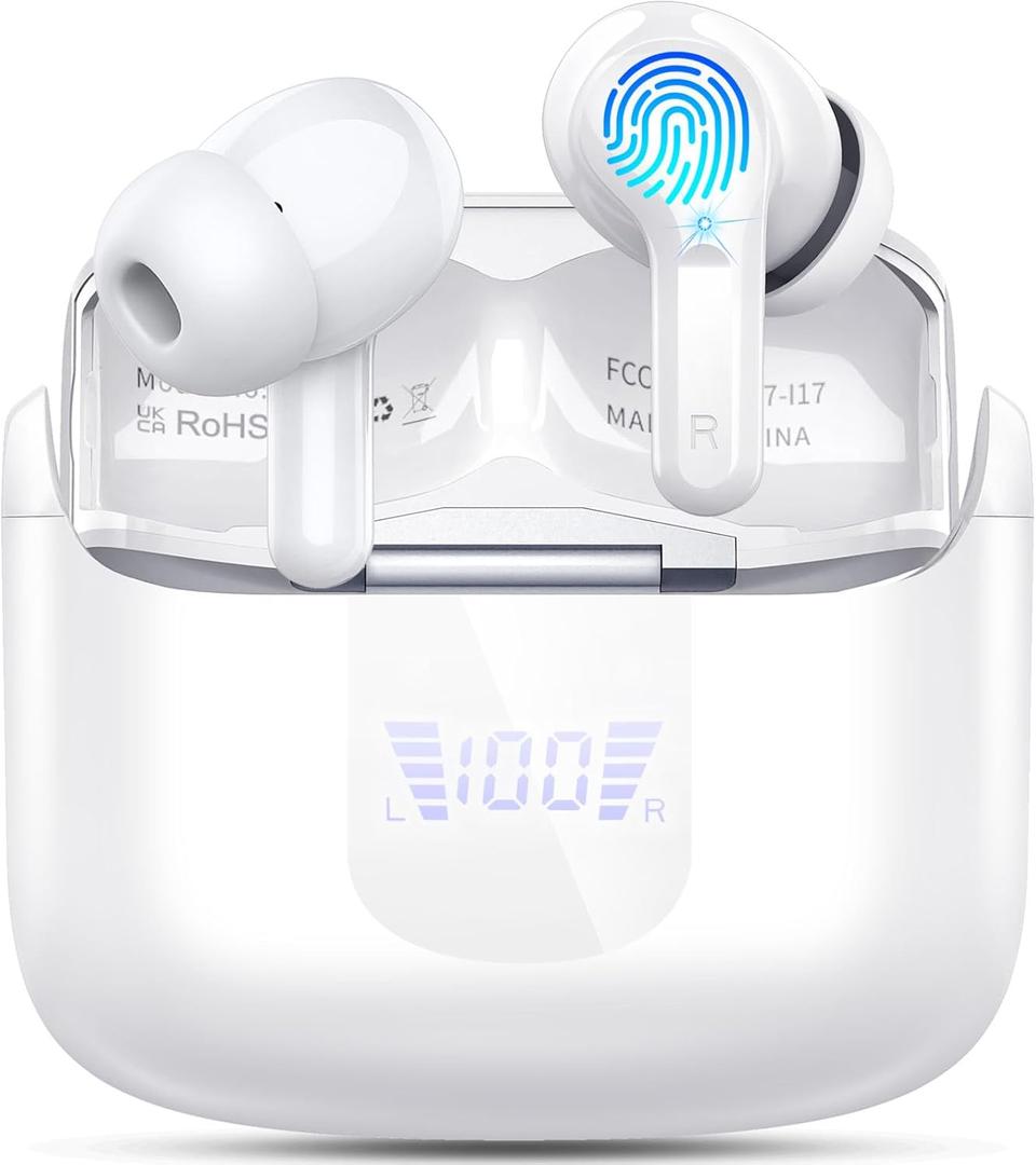 Wireless Earbuds, Bluetooth 5.3 Headphones 2025 NEW Ear Buds 40H Bass Stereo in-Ear Earphones ENC Noise Cancelling Earbuds with 4 HD Mic, USB-C LED Display IP7 Waterproof Sport Headset for Android iOS (White)