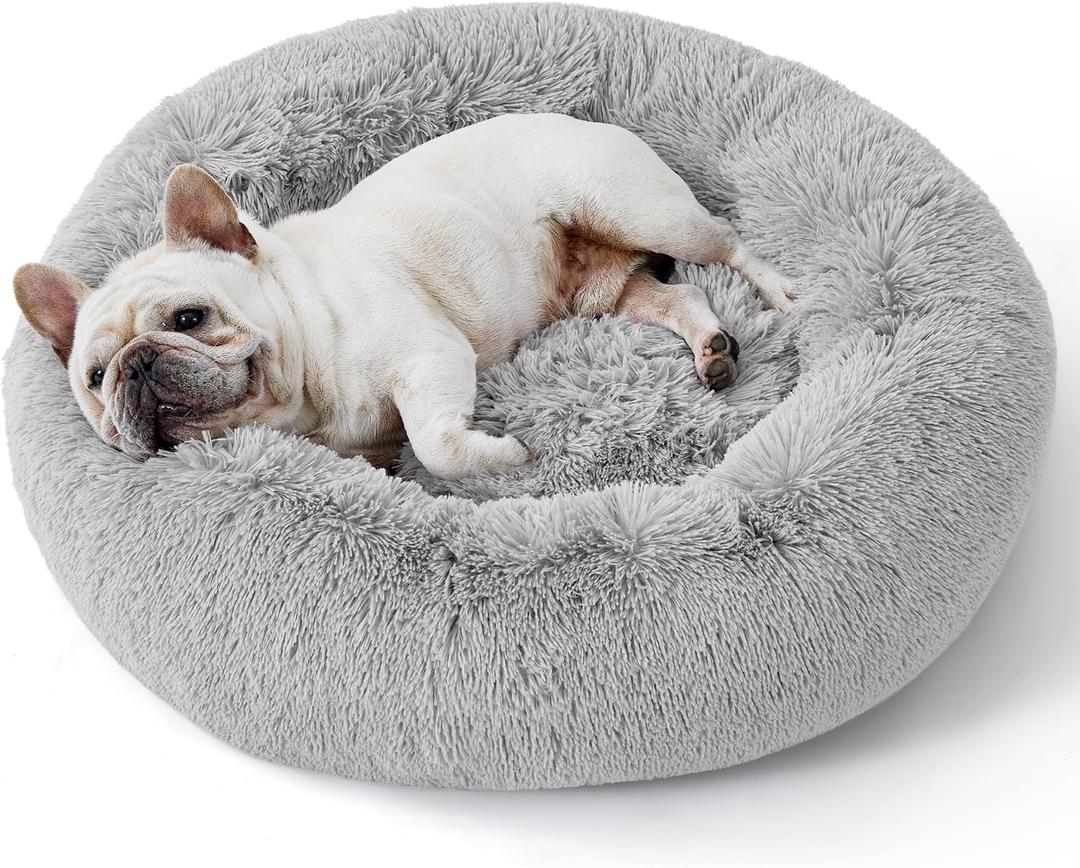 Bedsure Calming Dog Bed for Small Dogs - Donut Washable Small Pet Bed, 23 inches Anti-Slip Round Fluffy Plush Faux Fur Large Cat Bed, Fits up to 25 lbs Pets, Pale Grey (23.0"L x 23.0"W x 8.0"Th)
