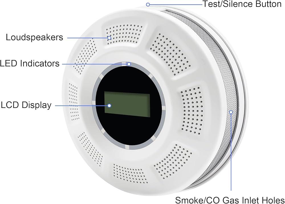 Interconnected Smoke Detector Carbon Monoxide Detector Combo with Digital Display and Sound Light Alarm, 2-in-1 Smoke & CO Alarm with Battery Operated for Home, Travel or RV - 1, 6 Pack