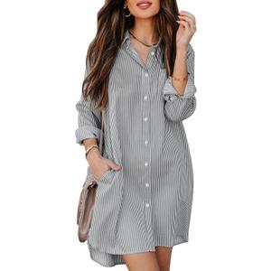 Aoudery Womens Button Down Shirt Dresses with Pockets Striped Cotton Shirts Collared Long Sleeve High Low Blouse Tops (Gray, L)