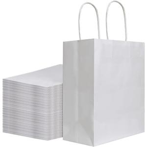 bagmad 100Pcs Pack 8x4.75x10 inch Medium White Kraft Paper Bags with Handles Bulk, Gift Bags, Craft Grocery Shopping Retail Birthday Party Favors Wedding Sacks Restaurant Takeout, Business (100)