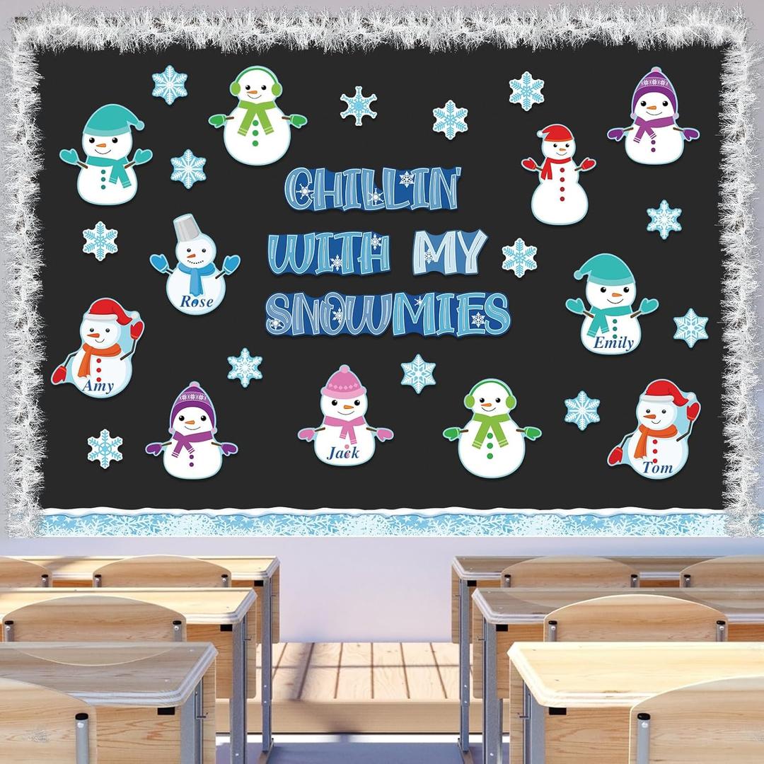 Frienda 70 Pcs Winter Snowman Bulletin Board Decoration Set Snowman Cutouts Snowflake Bulletin Board Borders ClassroomDecor for Xmas Holiday School Wall Door Decoration