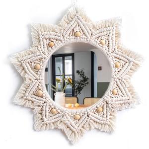 Boho Wall Decor Mirror Macrame Circle Hanging Mirror for Bedroom Living Room Apartment Entryway Home Decor (White)