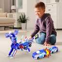 2 x Collision Transforming Dinosaur Car Toy, 2 in 1 Magnetic Cars Transform into Dinosaur Toys for Boys,Girls,Kids,Toddler,Fun Transformation Dino Car Robot Toys Christmas Birthday Gift (Blue)