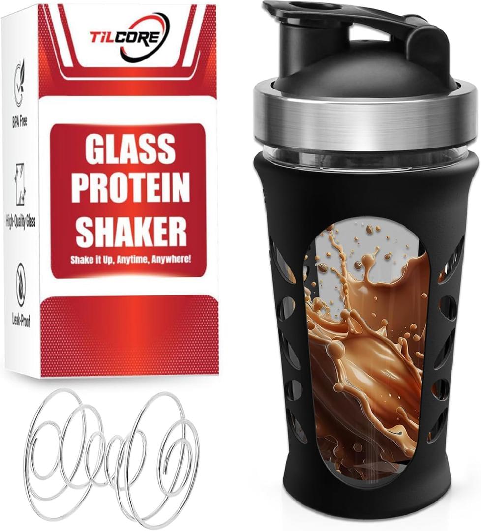 Glass Protein Shaker Bottle for Protein Mixes and Shakes - 635ml 20oz, BPA-Free Shake Bottle, Leak-Proof Glass Shaker Blender - Mixer for Gym, Durable Shaker (Black)