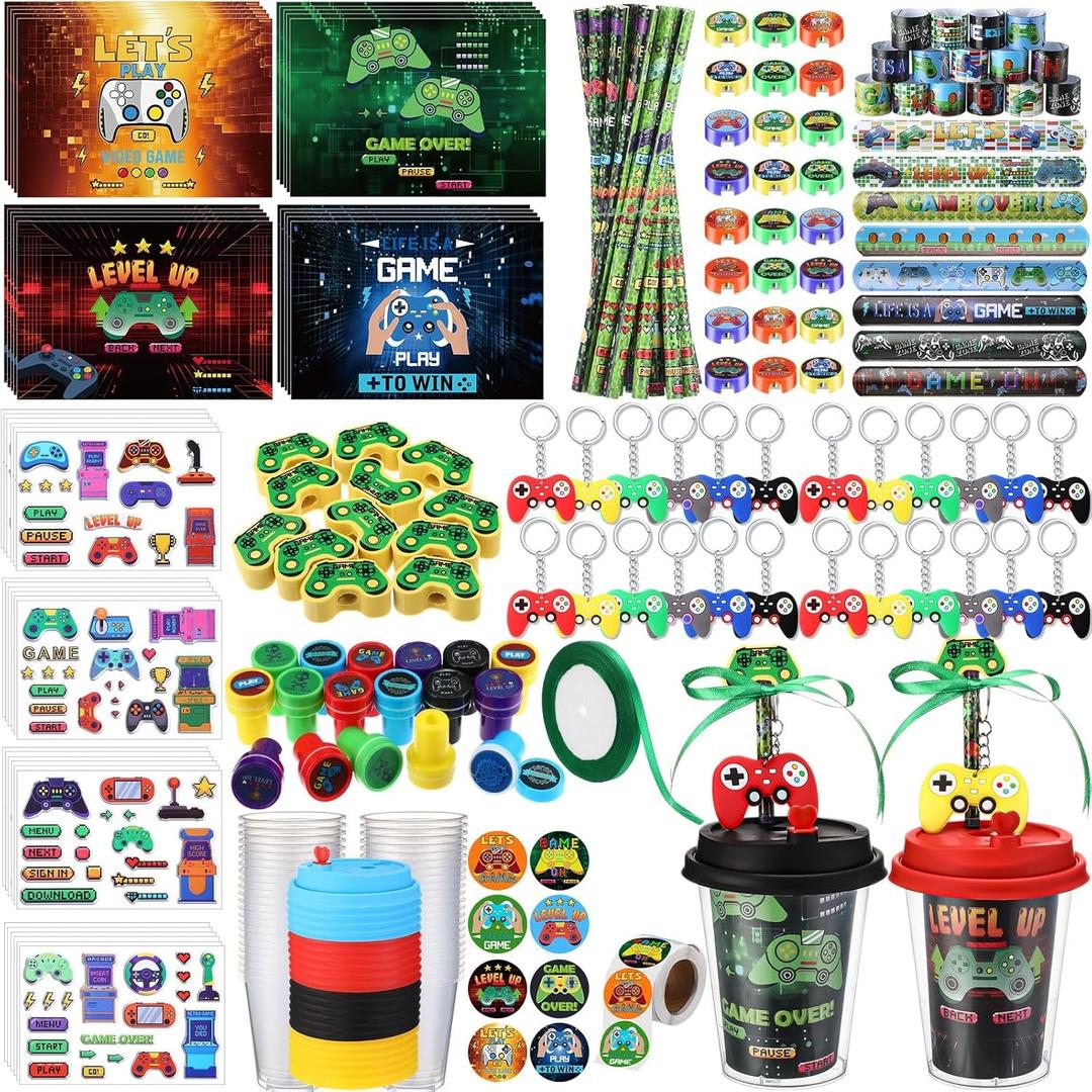 218 Pcs Video Game Party Favors Set Includes Drink Cup with Lid Game Card Pencil Sharpener Eraser Stickers Slap Bracelet Keychain Stamp Sticker Ribbon for Gamer Birthday Party
