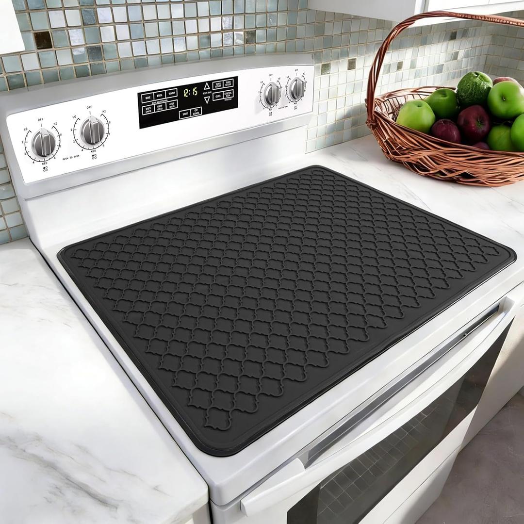 LONGKING Stove Top Cover for Electric Stove - Silicone Stove Mat for Glass Top Stove, Dish Drying Mats For Kitchen, Range Covers for Electric Stove (Black Grid, 28 x 20)