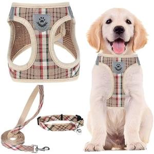 PUPTECK Adjustable Dog Harness Collar and Leash Set Step in No Pull Pet Harness for Small Medium Dogs Puppy and Cats Outdoor Walking Running, Soft Mesh Padded Reflective Vest Harnesses, Khaki S