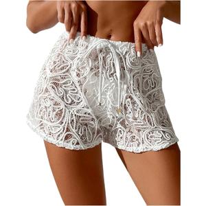 YELAIVP Women's Cover Up Shorts Hollow Out High Waist Bikini Bottoms Drawstring Beach Coverups Bathing Suit Swimsuit Bottom (White, M)