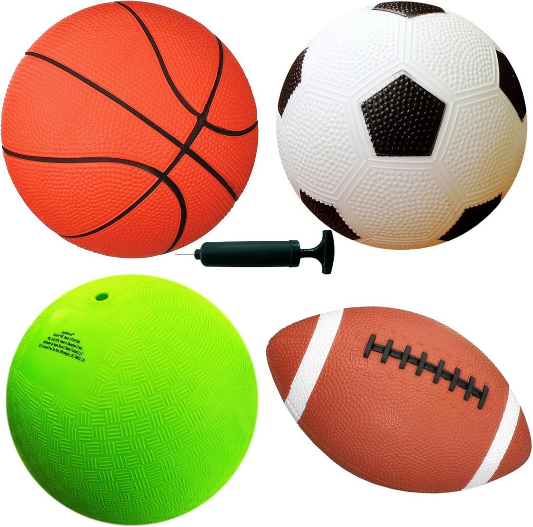 Sports Balls for Kids & Toddlers  (Pack of 4) 5inch Sports Set Includes Football, Small Size Soccer, Basketball, and Playground Balls, Fun Indoors & Outdoor Toys (Hand Pump Included)