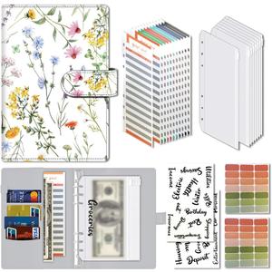 Budget Binder, Cute A6 Money Saving Binder with Zipper Envelopes, PU Leather Money Organizer for Cash, Expense Budget Sheets and Cash Envelopes for Budgeting Wildflower Sketch