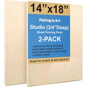 Unfinished Birch Wood Canvas Panels Kit, Falling in Art 2 Pack of 14x18 Studio 3/4 Deep Cradle Boards for Pouring Art, Crafts, Painting, and More
