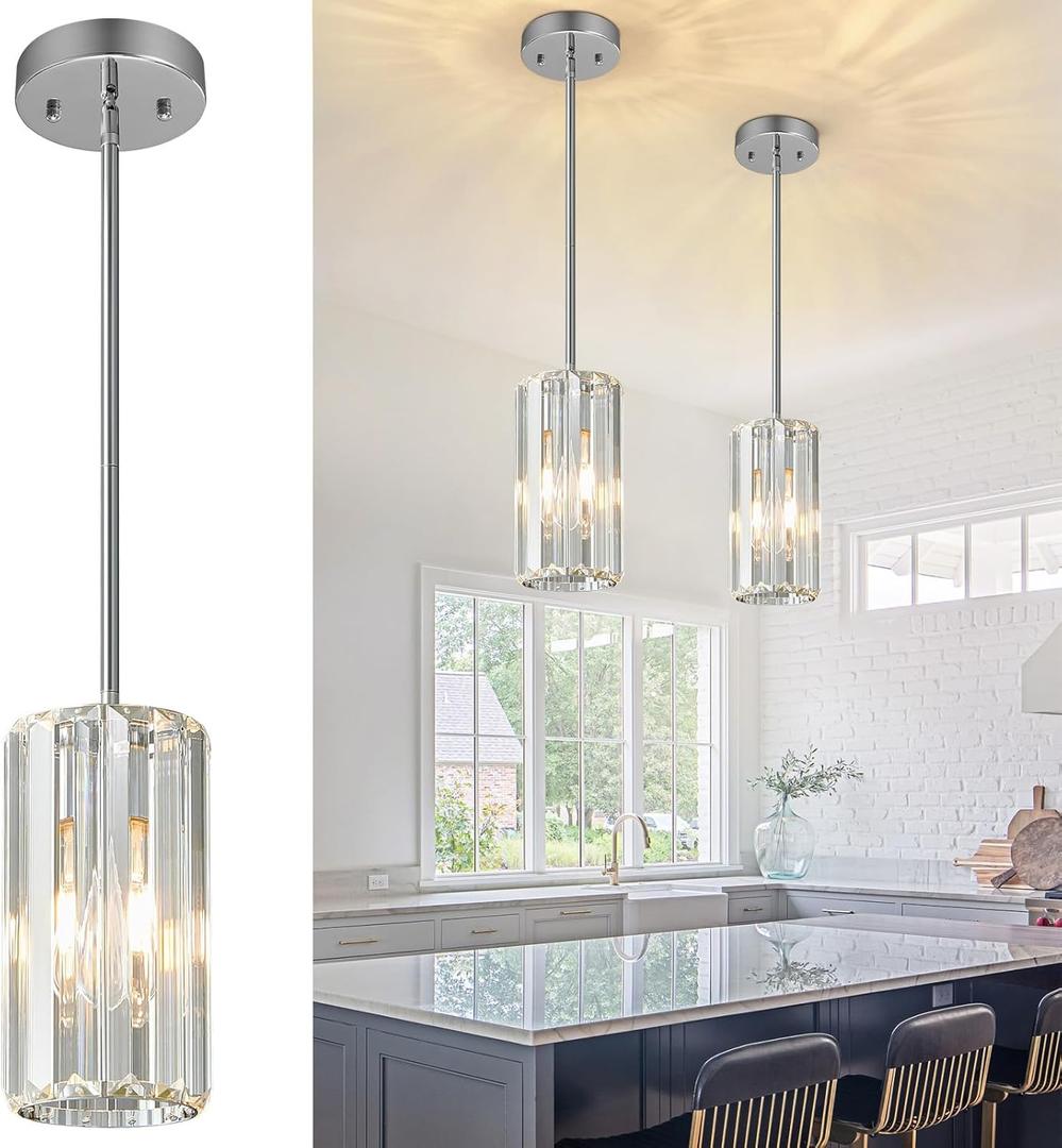 Chrome Pendant Lighting Modern Pendant Light Mini Crystal Chandeliers Adjustable Pendant Light Fixture for Kitchen Island Dinning Room Corridor Bedroom(Chrome 2-Pack)