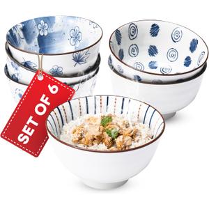 Japanese Rice Bowls Set of 6 - Porcelain Cereal Bowl in Vintage Blue White Design - Stackable Ceramic Dinner Set for Rice, Salad & Soup - Microwaveable & Oven Safe - 4.7"x2.6" Per Bowl