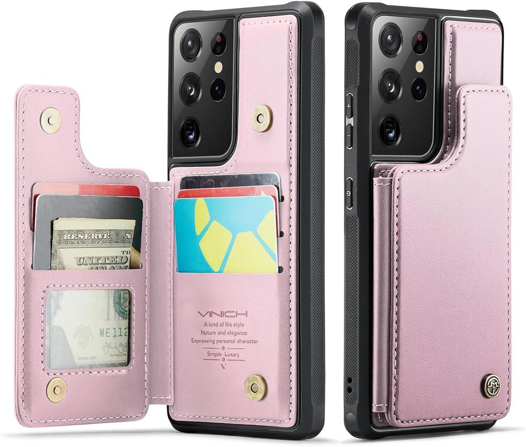 Vinich for Samsung Galaxy S21 Ultra Wallet Case with Card Holder, RFID Blocking Credit Slots Kickstand Shockproof Phone Cover for Women Men, Rose Gold