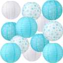 Panelee 12 Pcs Winter Party Decorations Paper Lanterns 8 Inch Blue White Round Hanging Paper Lanterns for Winter Office Classroom Decorations Indoor Outdoor