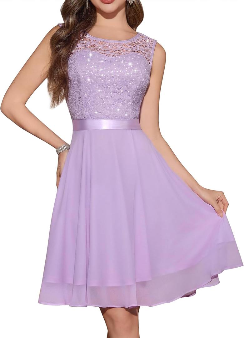 BeryLove Women's Short Homecoming Dresses for Teens Sleeveless Flowy A Line Wedding Guest Lace Formal Dress, S