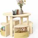 bbgroundgrm Table and Chair Set with 4 Storage Stools, Round Shaped Nesting Design, Activity Table for Play/Art/Reading/Craft, Natural