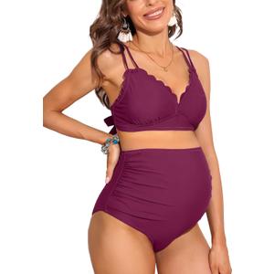 Charmo Scalloped Maternity Bikini Swimsuit Two Piece High Waist Ruched Pregnancy Bathing Suit Cute V Neck Swimwear (Medium, 1a#dark Magenta)