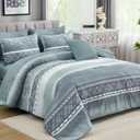WONGS BEDDING 8 Piece Queen Size Comforter Set, Blue Striped Bed in a Bag Comforter and Sheet Set, Boho Lightweight Microfiber Bedding Set for All Season (90"90")