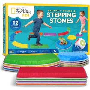 National Geographic Kids Stepping Stones & Balance Beams  12 Piece Obstacle Course for Kids Ages 3+ with Foam Dice, Play & Learn Cards, Non-Slip Rubber Base, Toddler Indoor & Outdoor Active Play Set