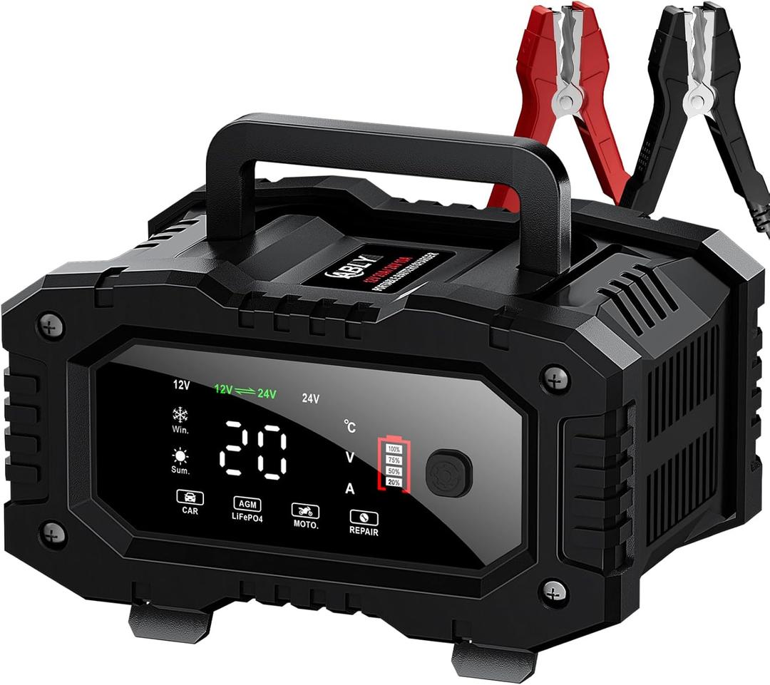 ABLY Battery Charger 20A 12V/24V LiFePO4 Lead Acid Fully Automatic Battery Maintainer, Car Battery Trickle Charger Automotive w/Battery Repair, Winter Mode, for AGM, STD, Gel, Deep Cycle Batteries