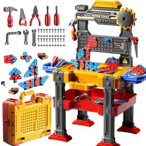 DULONIME 2 in 1 Workbench Tools Toys Set with Sound for Toddlers Aged 3-5, 145 PCS Educational Construction Mechanic Toolbox for Boys Girls, Pretend Play Toys Birthday Gift for Kids 3 4 5 6 Years Old (Yellow)
