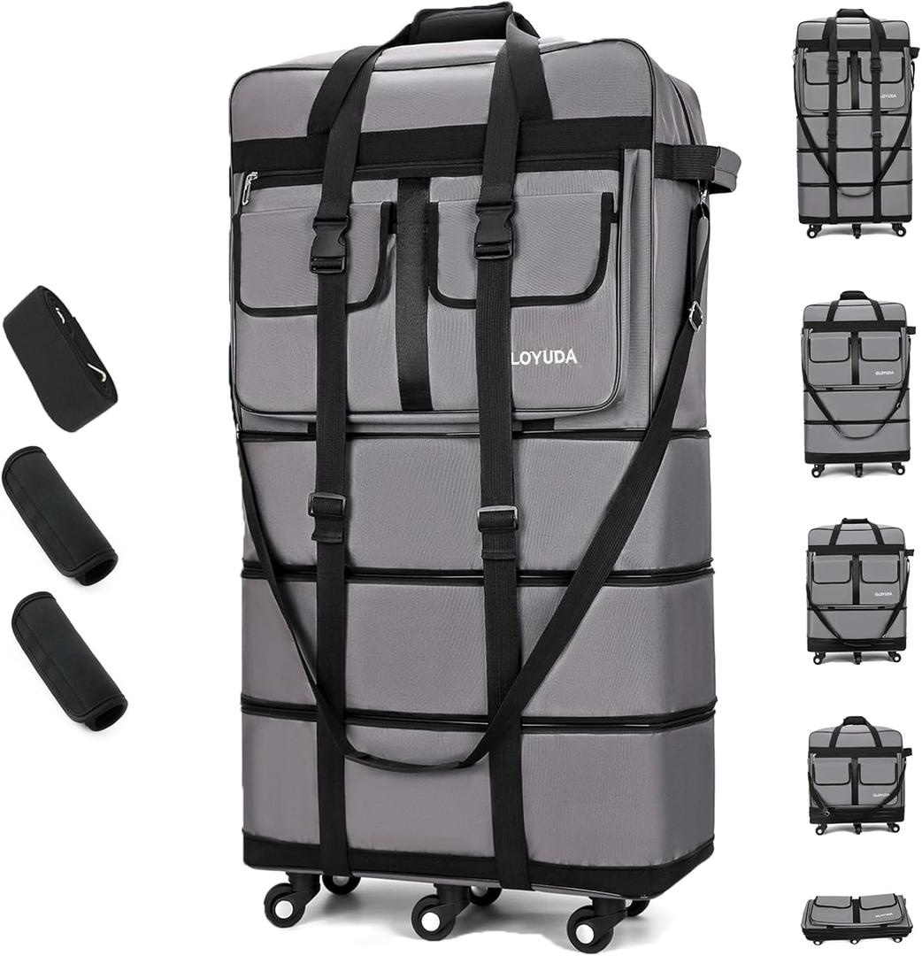 130L Expandable Luggage, 40 Inch Suitcase with Wheels, Collapsible Luggage with Wheels, Rolling Duffle Bag with wheels, Foldable Suitcasewith2Handle Wrap 2Fixing Straps 1Shoulder Strap (gray), Large
