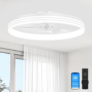 VOLISUN Low Profile Ceiling Fans with Lights and Remote, 23.6in Flush Mount Ceiling Fan with Light, 3000K-6501K Dimmable Fandelier LED Fan Light, White Bladeless Ceiling Fans with Lights for Bedroom