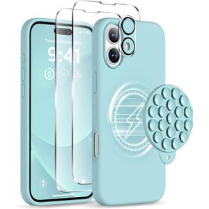 Magnetic for iPhone 16 Case, Compatible with Magsafe, Suction Cup Phone Mount, [2 Screen Protectors][Camera Lens Protector] Silicone Shockproof Protective Slim Phone Cover 6.1", Light Cyan