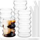 Tessco for you 4 Pcs Creative Glass Cups Vintage Drinking Glasses Ribbed Glassware Aesthetic Cup Entertainment Dinnerware Glassware with Straws Set for Kitchen Coffee Beverage(13.5 Oz, 16 oz,Clear)