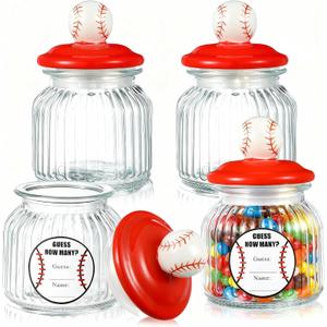 4 Set Baseball Glass Jars, Baseball Candy Jars with Lid & Sticker, 22oz Baseballs Treat Container Bulk Funny Large Candy Jar Gift for Team Coach Player Sport Game Party Favor Home Decoration