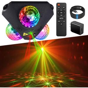 Yinpkteo 4 in 1 Disco Ball DJ Party Lights, 3 RGB Disco Lights+Red and Green Pattern Lamp Strobe Lighting for Home Room Dance Parties Birthday Karaoke Halloween Christmas Wedding Show Club Decorations