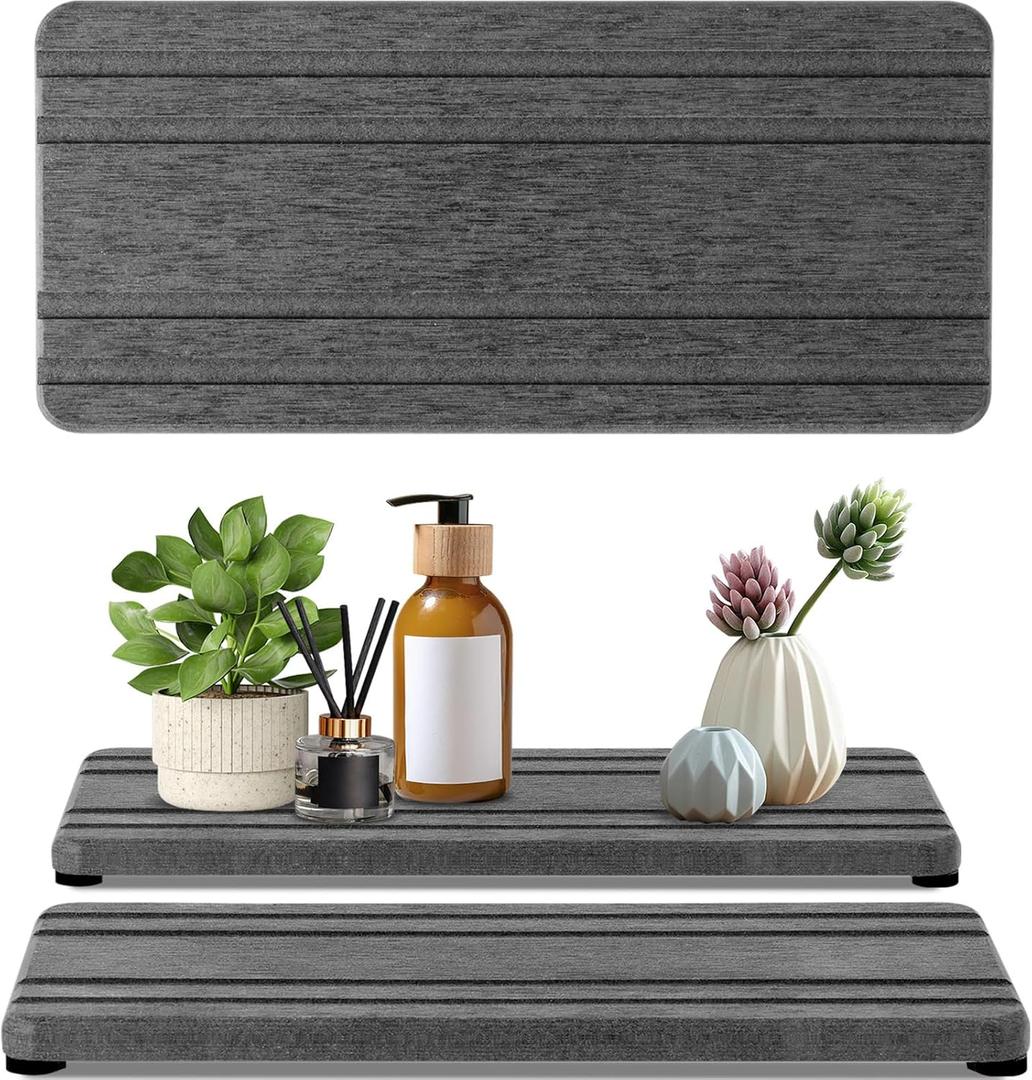 2PCS Water Absorbing Stone Tray, Quick Drying Diatomite Stone Sink Tray, Water Absorbent Diatomite Coasters for Kitchen Sink, Bathroom Counter Hand Soap Dish Toothbrush Holders (2pcs 2110cm Dark Gray Stripe)