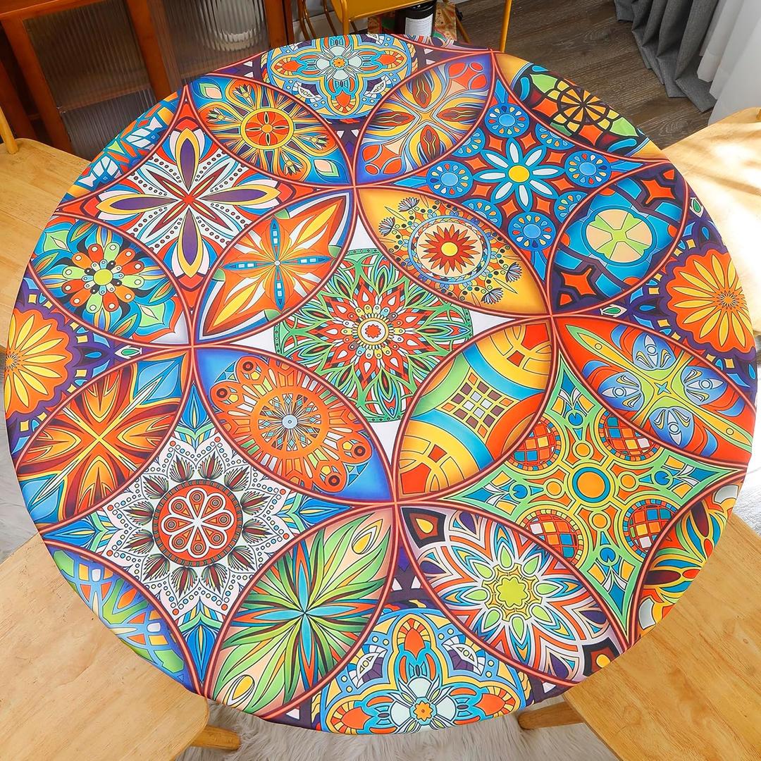 Round Fitted Tablecloth Elastic Edge Design Table Cover Waterproof Table Cloth Wipeable Washable for Round Table Best for 45"-56" Round Table
