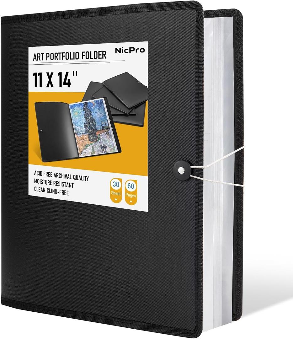 Nicpro 11x14 Art Portfolio Folder, 30 Pockets Display 60 Pages Art Painting Portfolio Binder with Clear Plastic Sleeves, Presentation Storage Book for Artists Artwork Drawing - (Black)