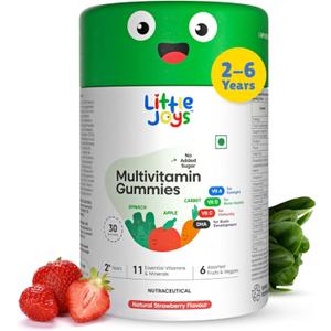Little Joys Kids Multivitamin Gummies I Fiber-Based prebiotic Gummy | 2+Years I DHA (Omega-3), Vitamin C & D, B12, A, Zinc | Immunity & Bone Health | Sugar Free | Non GMO | Strawberry I 30 Day Pack