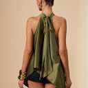 OYOANGLE Women's Halter Neck Sleeveless Top Flowy Asymmetrical Hem Summer Going Out Satin Blouse Shirt Club Wear (Green, M)