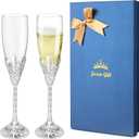Champagne Flutes - Set of 2 Champagne Glasses,Toasting Flute Pair,Crystal Glasses&Metal Base, Wedding Anniversary, Party Birthday Banquets,Gifts for Bride and Groom 6 oz-Silver
