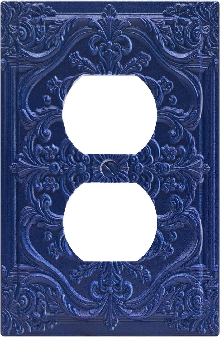 Decorative Outlet Covers Navy Blue 3D Floral Embossed 1 Gang Duplex Light Switch Cover Plate Unique Wall Plate Electrical Switch Plate Covers for Bedroom Home Decor