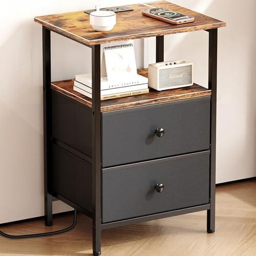 Smoproper Nightstand with Charging Station, Bedside End Table with 2 Fabric Drawers for Bedroom, Side Table with USB Ports and Outlets (Brown Black)