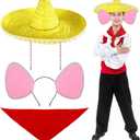 Mepase 3 Pcs Halloween Mexican Mouse Cosplay Costume Set for Adult Include Red Bandana Yellow Mexican Sombrero with Large Ears Headband Rat Mouse Cosplay Outfit for Halloween Dress up Party Supplies
