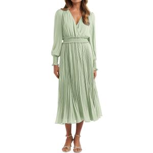PRETTYGARDEN Womens Wrap V Neck Fall Dresses Wedding Guest Casual Pleated Long Sleeve Midi Dress Ruffle Smocked Long Dress (Small, Light Green)