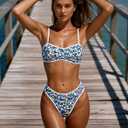 OWICA Women's 2 Piece Bikini Sets Floral Print High Cut Bathing Suits Cheeky Bandeau Beachwear Swimsuits for Women (S)